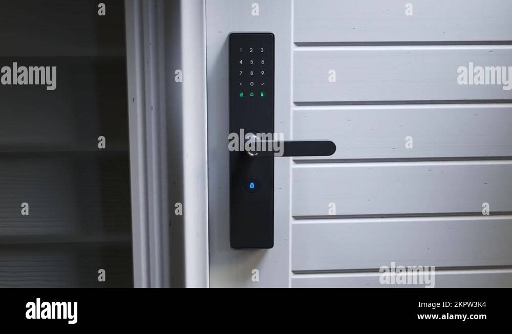 Smart door lock. Home security. No keys system. The handle opens with