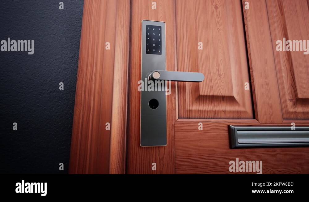 Smart door lock. Home security. No keys system. The handle opens with
