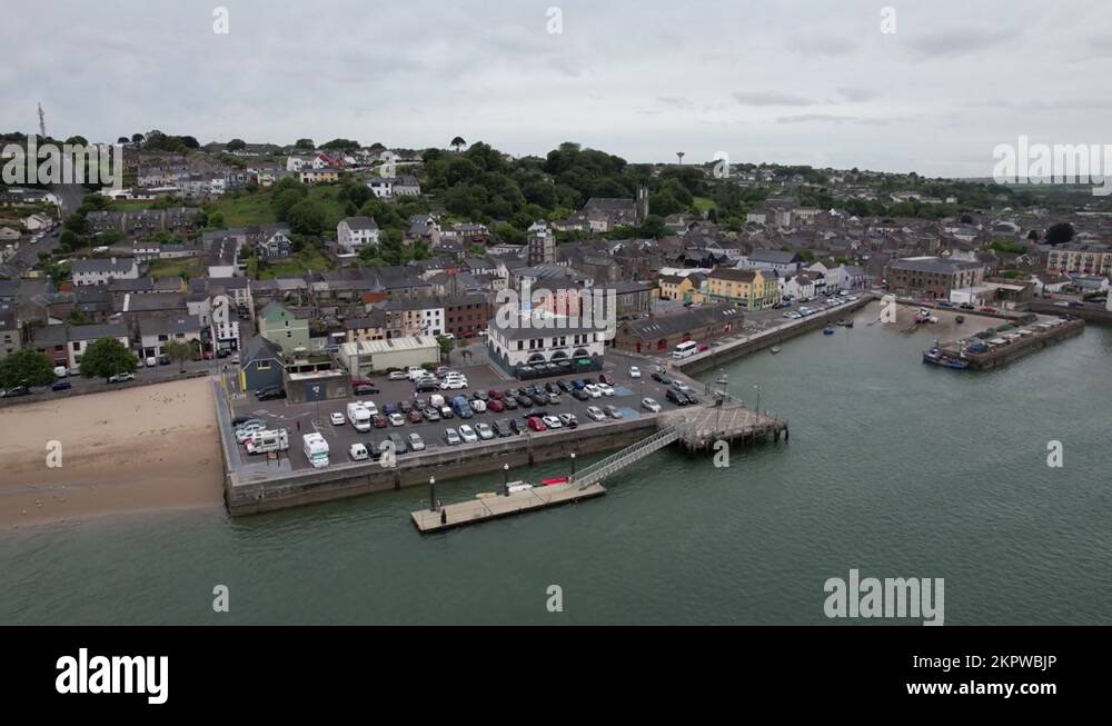 Youghal seaside resort town in County Cork, Ireland panning drone