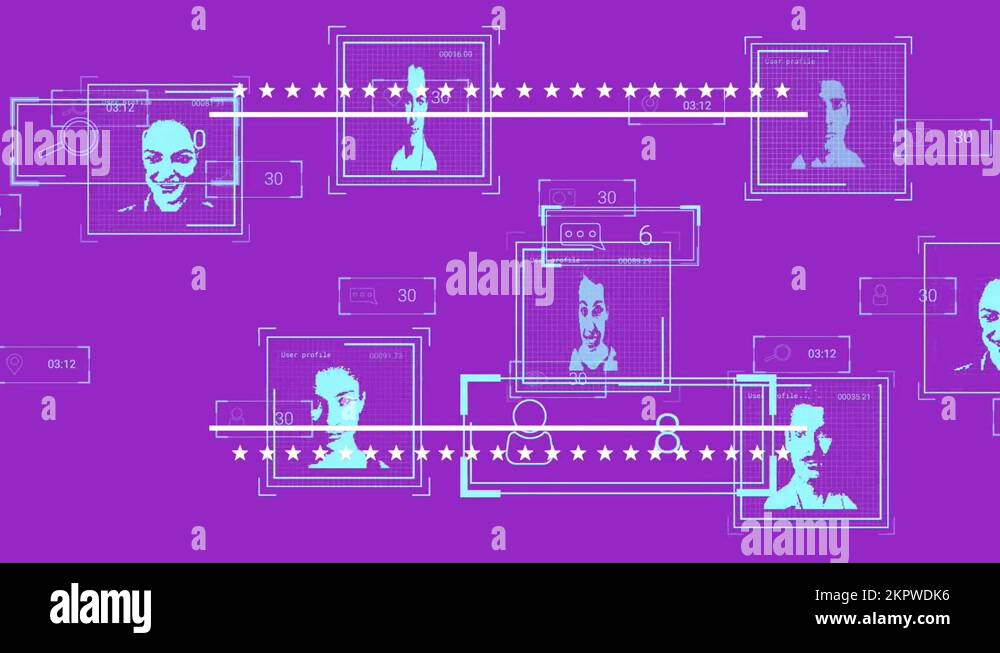 Animation of social media reactions and users on purple background with
