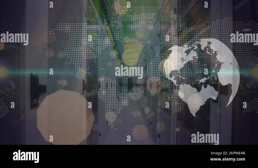 Animation of light spots and world map with world map over server room ...