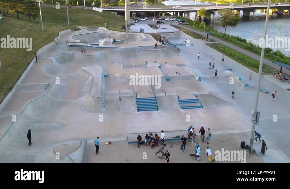 Aerial view of skaters at Lauridsen Skatepark in downtown Des Moines