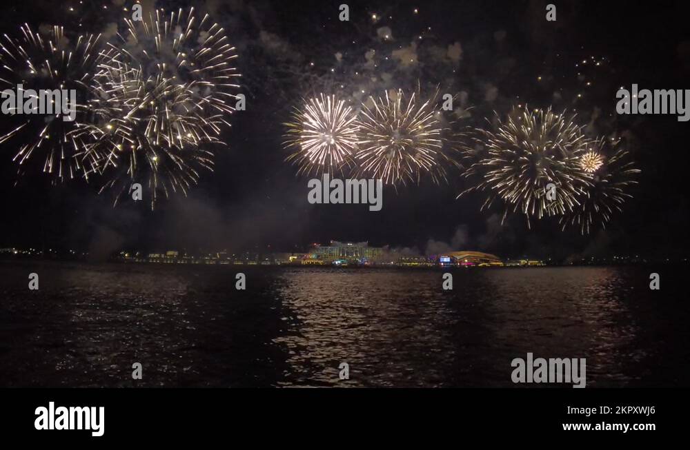 Fireworks in Yas Bay in Abu Dhabi celebrating public holiday Stock