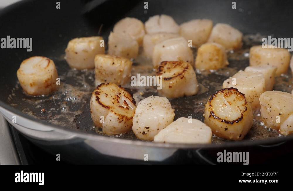 Cook scallops on frying pan. Cook process Stock Video Footage Alamy