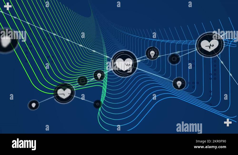 Animation of graphical wave pattern and moving heart and light icons ...