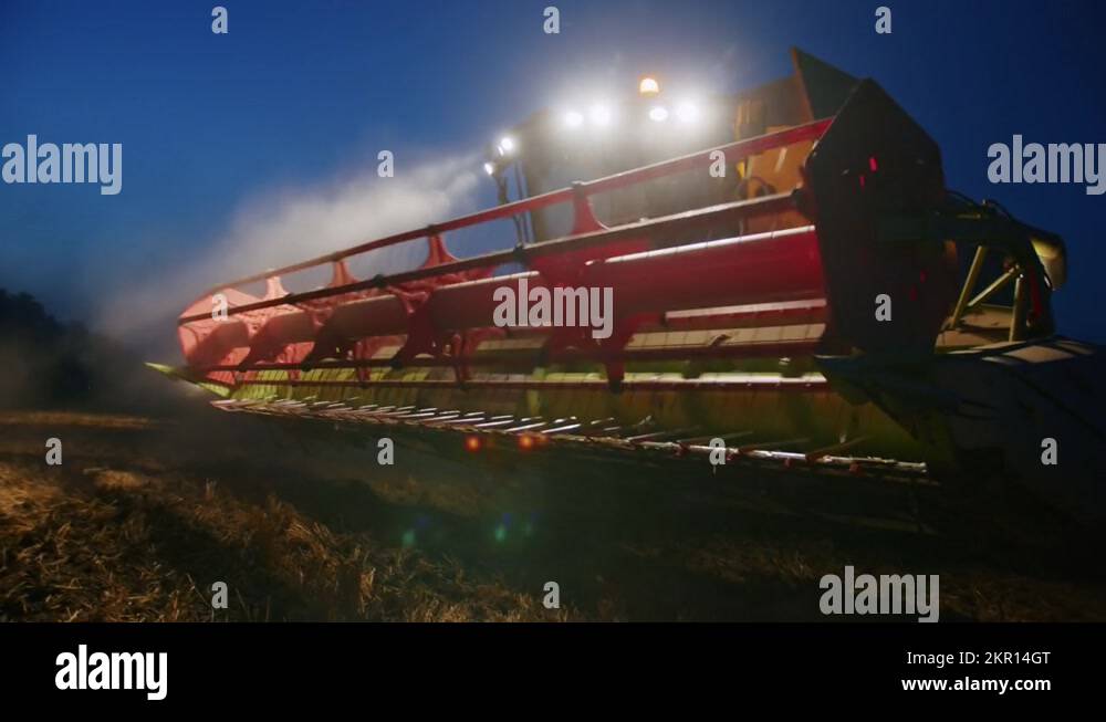 night harvesting with a combine, ukrainian combine harvests wheat, farmers in Stock Video