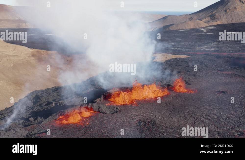 Fagradalsfjall fissure volcano eruption emitting lava and gas in ...