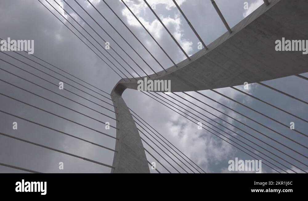 Low angle rotation of cable stayed suspension bridge featuring tower ...