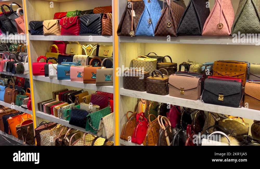 High quality fake designer bags on shelves in Turkey store, fake luxury