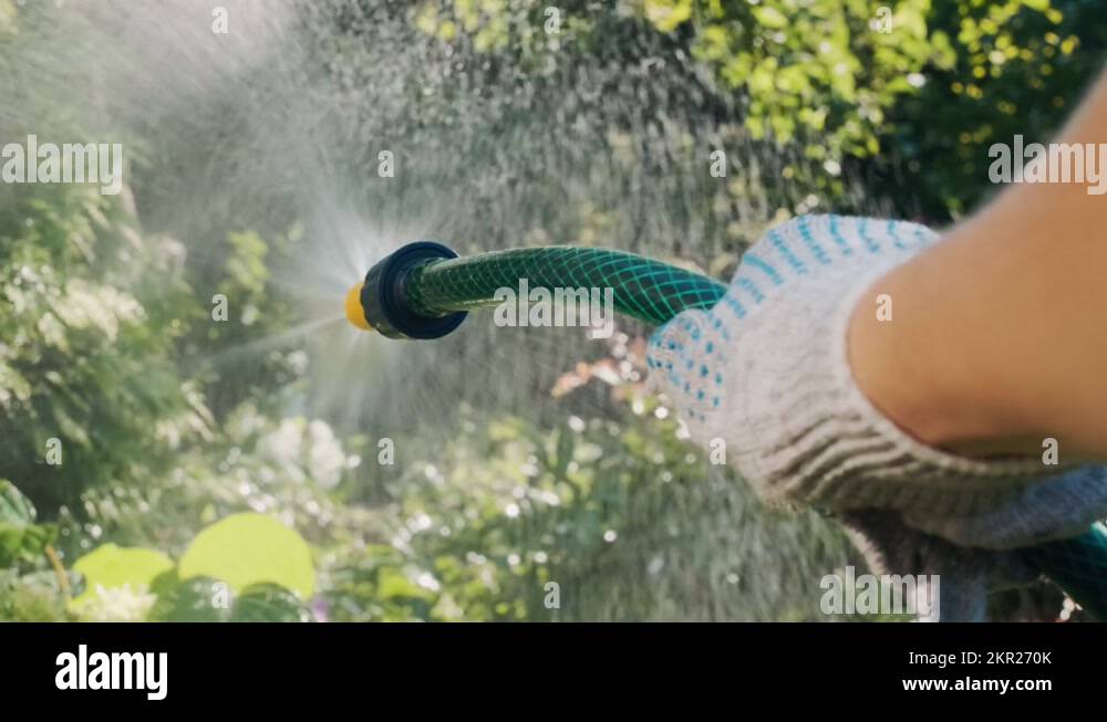 Watering plants using garden hose with spray gun Stock Video Footage