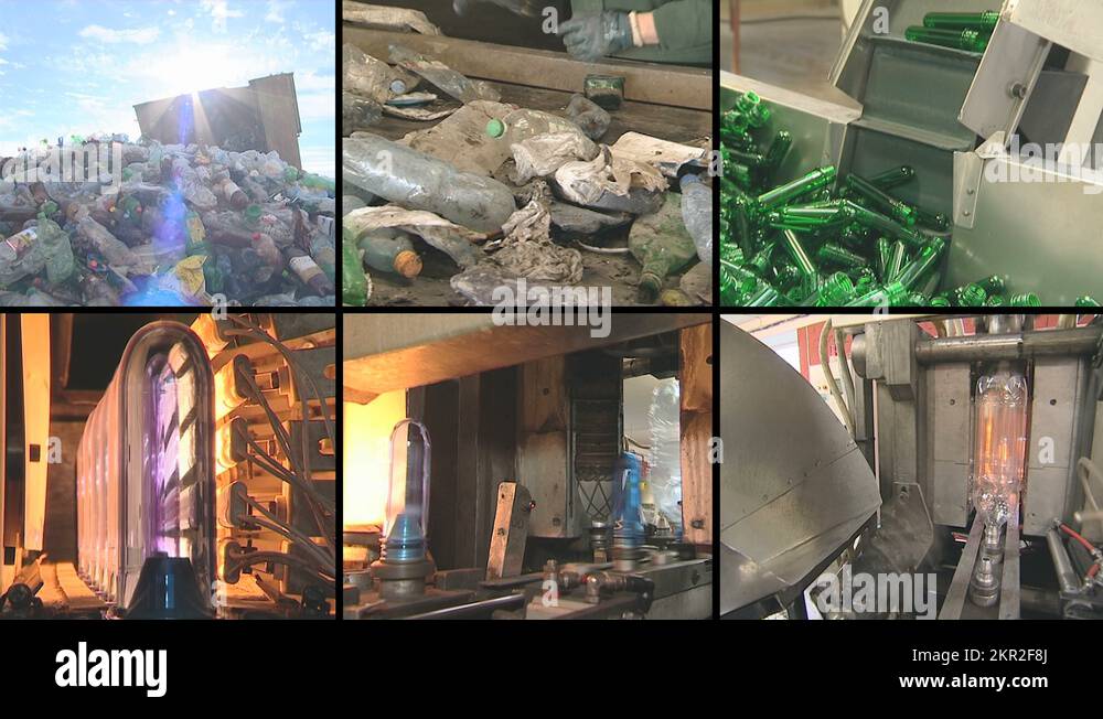 collage montage pet bottle recycle production industrial factory Stock