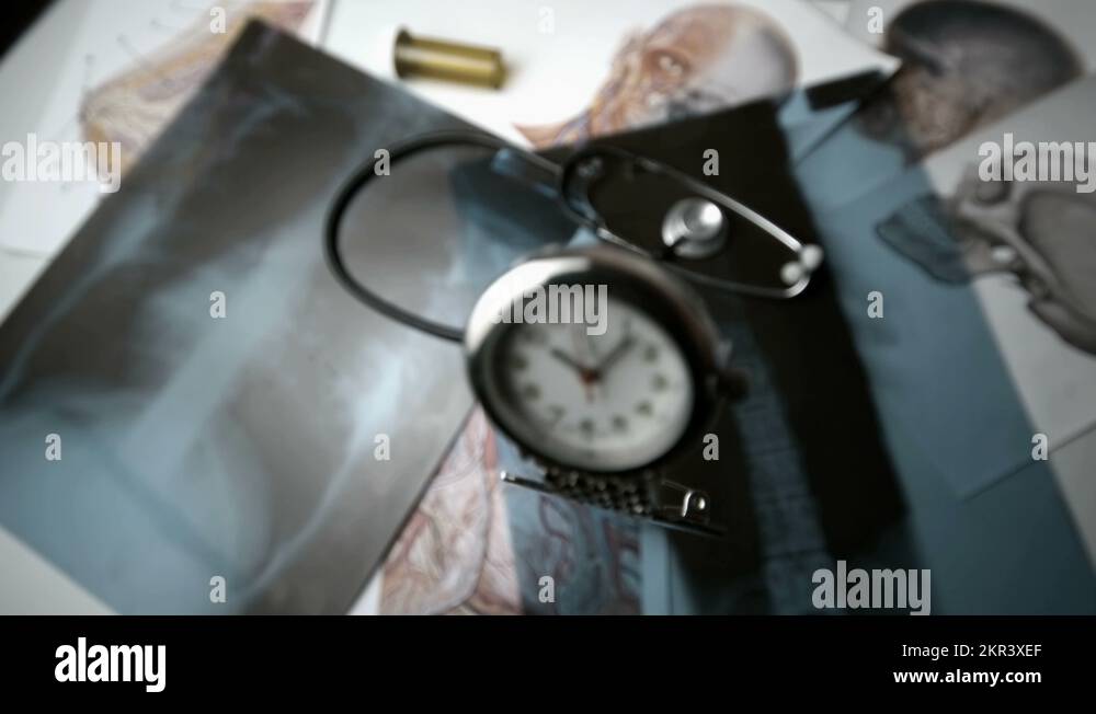 Pocket watch falling onto table of xrays and medical diagrams and