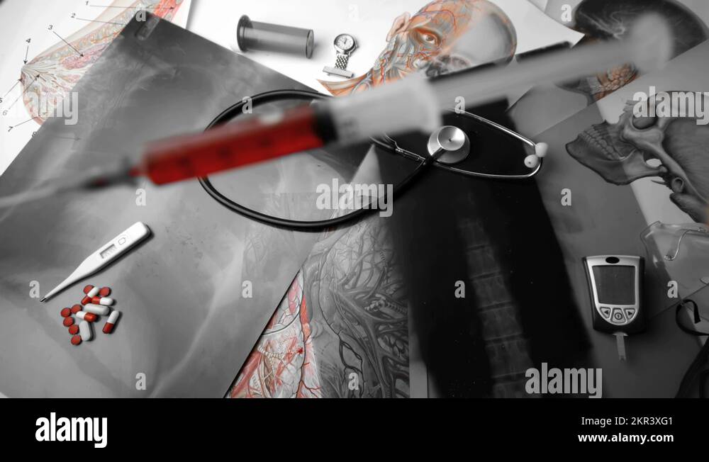 Syringe falling over x ray beside medical tools in black and white