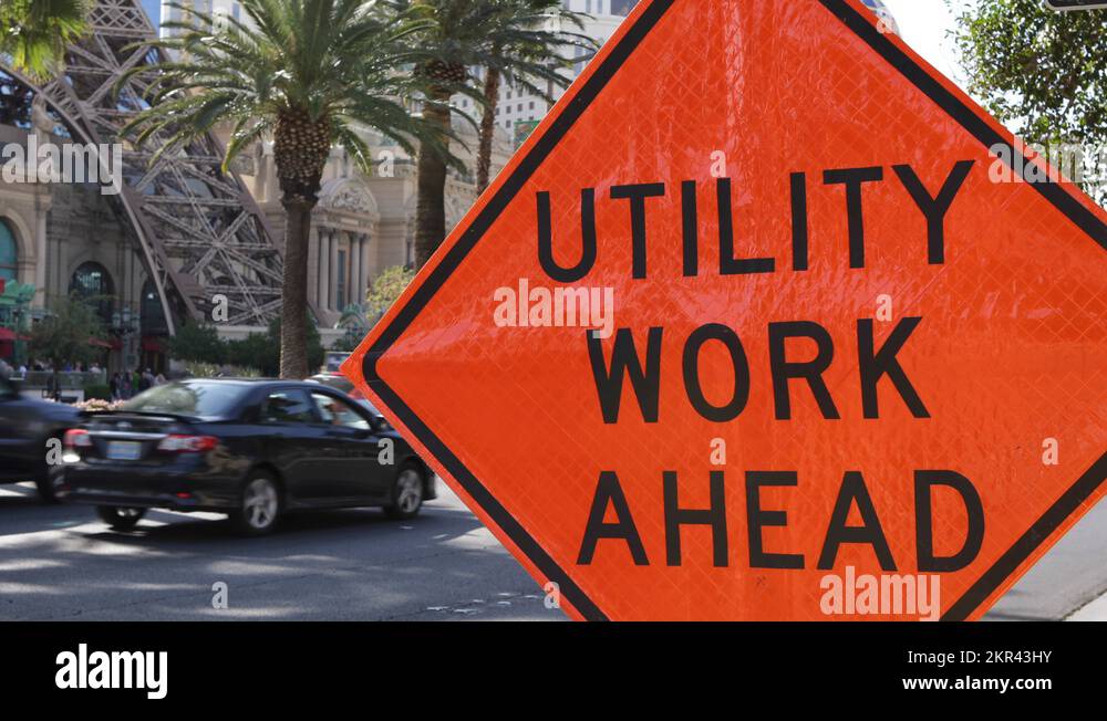 Road Work Ahead Sign on Las Vegas Strip, Boulevard, Busy Traffic Jam in City Stock Video Footage