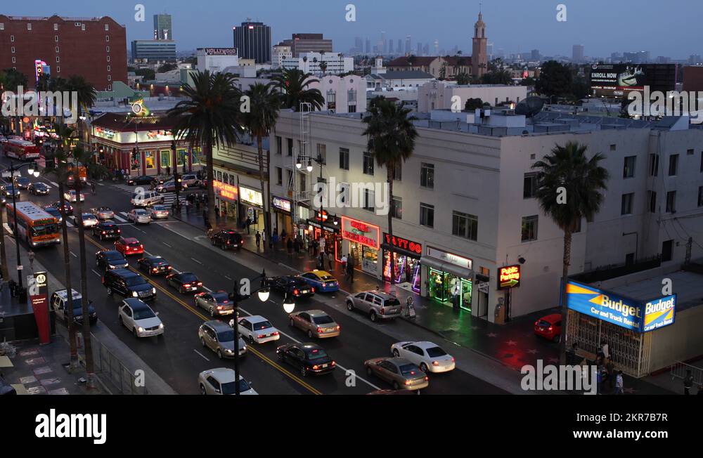 Crowded Hollywood Boulevard Car Passing Traffic Busy City People ...