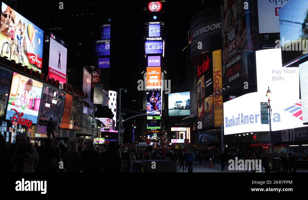 Illuminated Night Times Square New York City Busy People Crowd Tourists