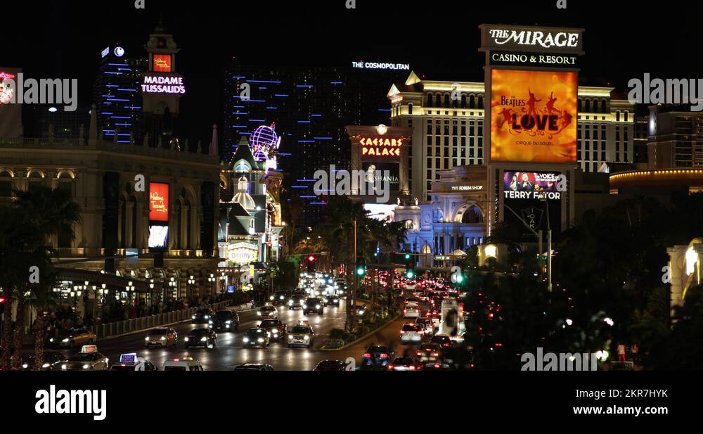 Ultra HD 4K Road Traffic Jam Crowded Las Vegas Strip Hotel, City Night Stock Video