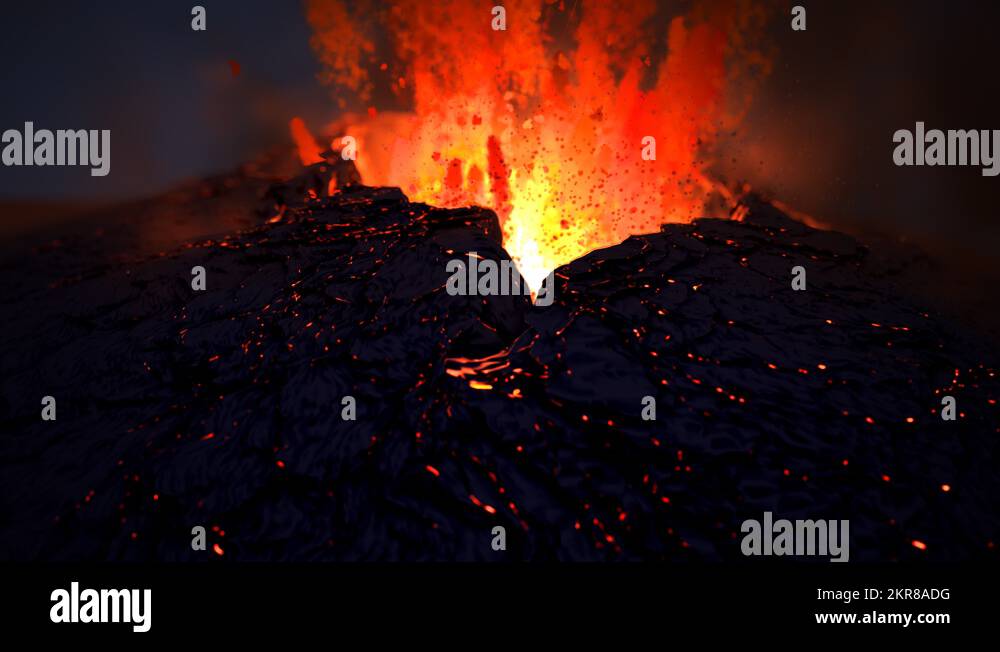 Volcano catastrophe eruption of lava rocks fire. Geology earthquake