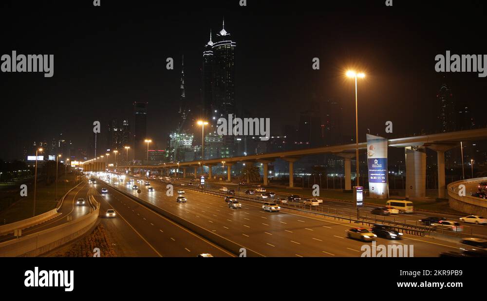 Ultra HD 4K Office Towers Cars Traffic Highway Dubai Skyline Night