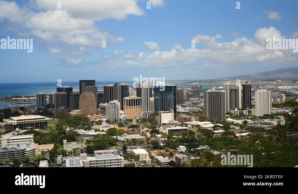 pan, downtown honolulu from punchbowl cemetary, oahu, hawaii Stock