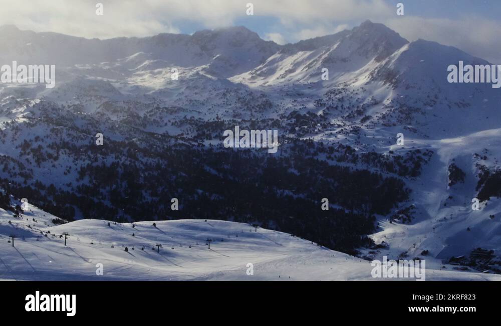 Winter landscape. Mountain ski resort Pas de la Casa, Andorra. Time
