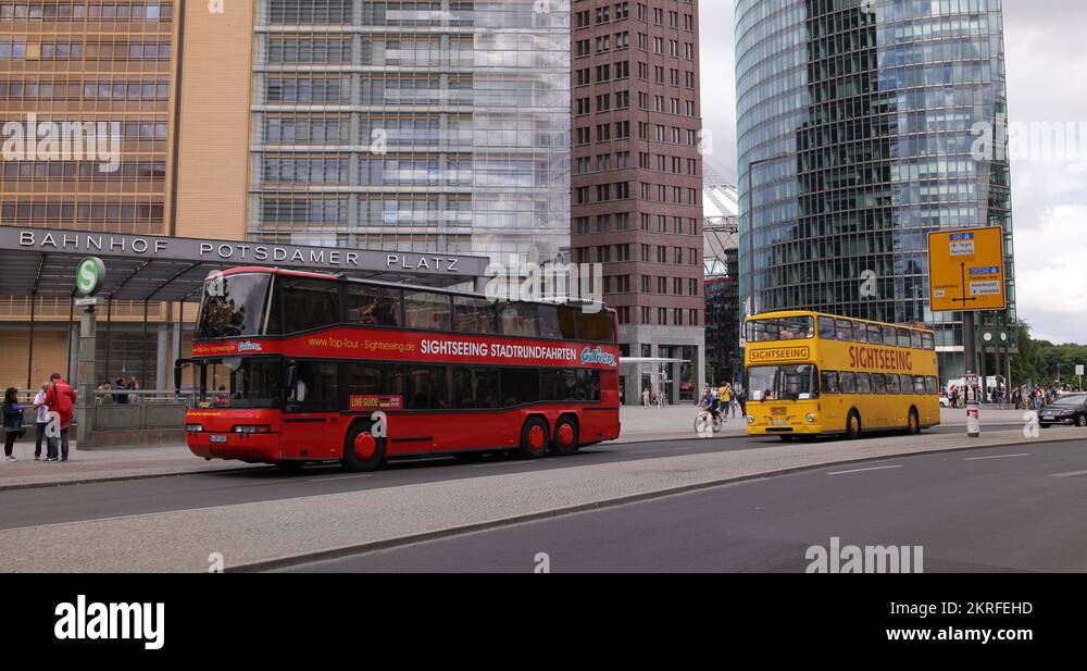 UHD 4K Tour Double Decker Bus Passing Potsdam Square Berlin City Rush