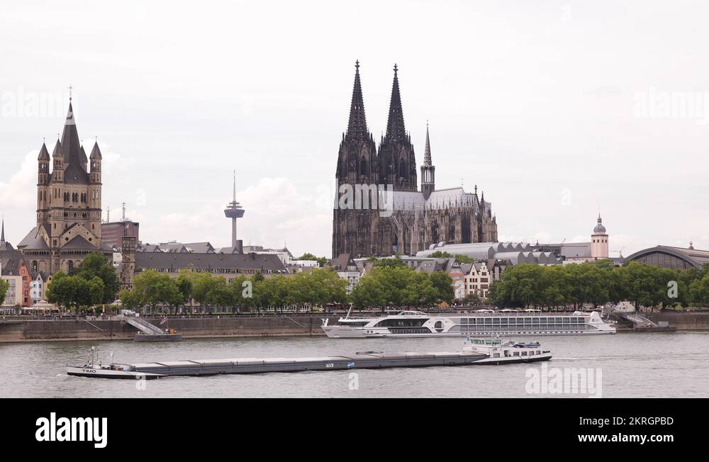 Cologne Skyline Landmarks Rhine River Cargo Ship Passing Barge Freight