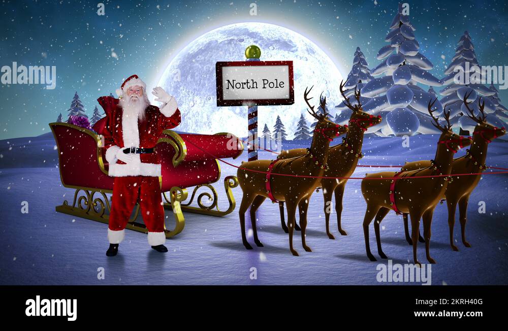 santa-waving-in-his-sleigh-with-reindeer-at-the-north-pole-stock-video