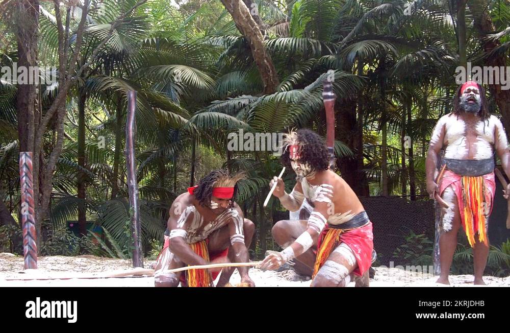 Yugambeh Aboriginal men warriors demonstrate fire making craft during ...