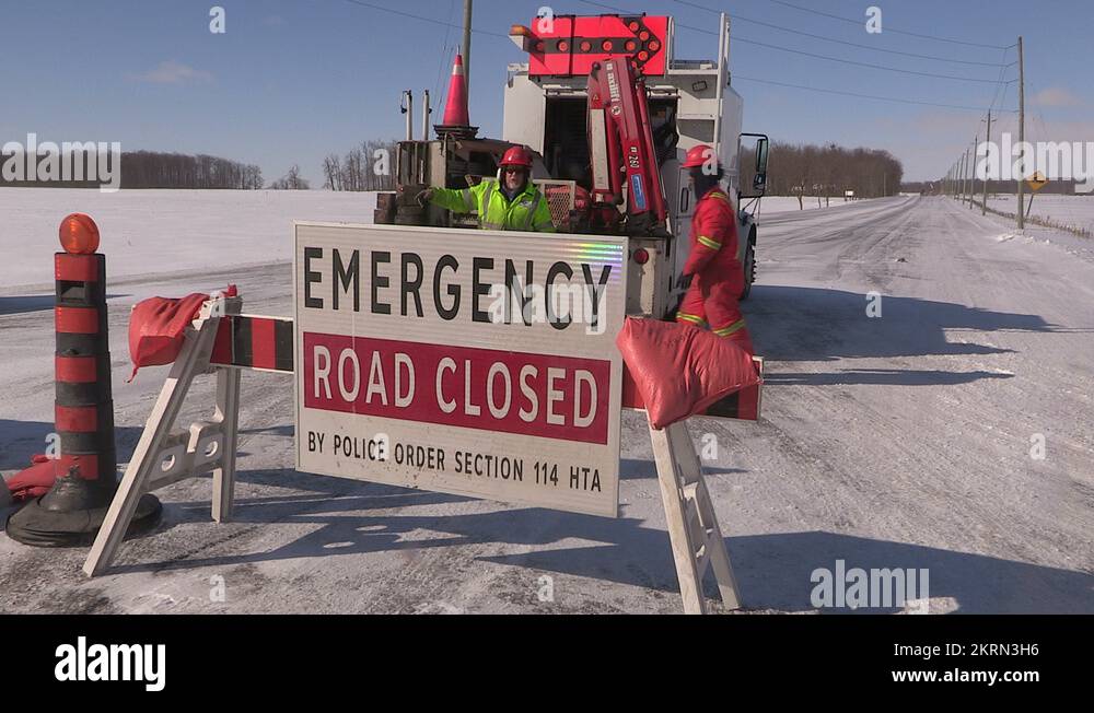 Road closed due to emergency and severe weather snow storm Stock Video