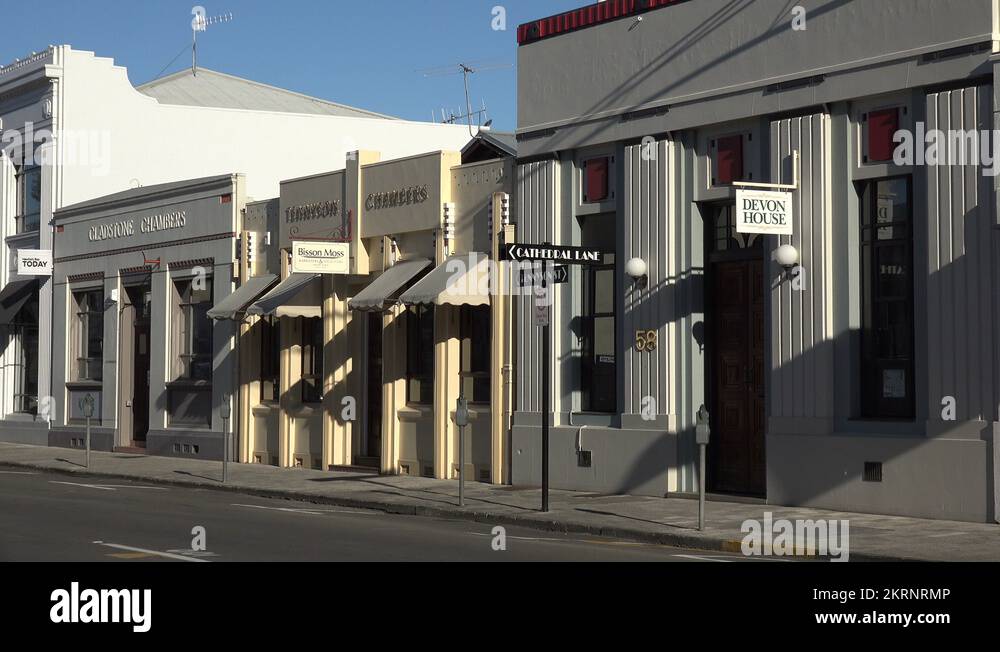 Art Deco buildings and road signs, along Tennyson Street, Napier, New