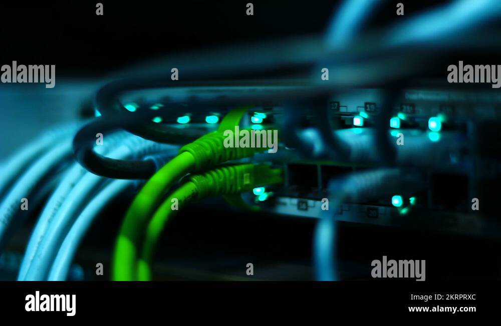 switch with cables UTP and blinking LED Stock Video Footage