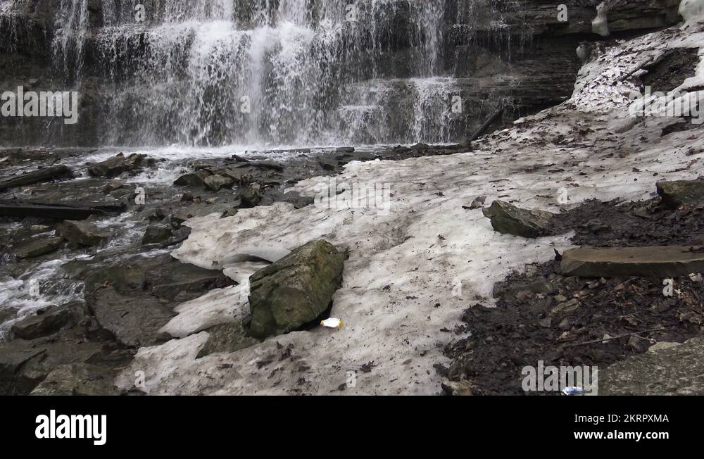 Water flowing at the base of a waterfall to the stream/ 4k nature