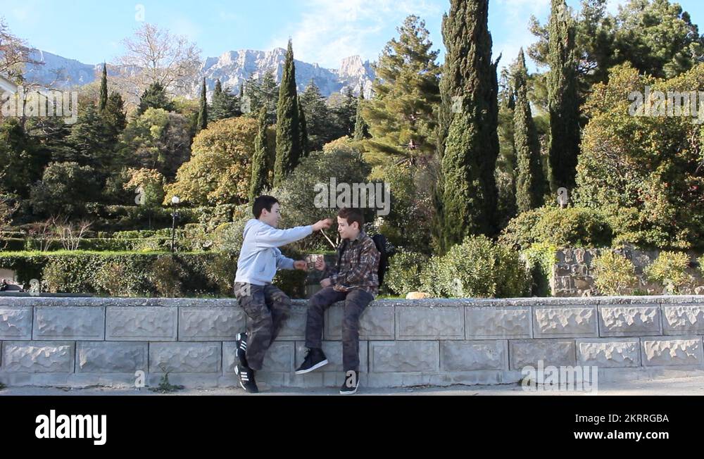 Two brothers Playing Rock, Paper, Scissors at beautiful park Stock