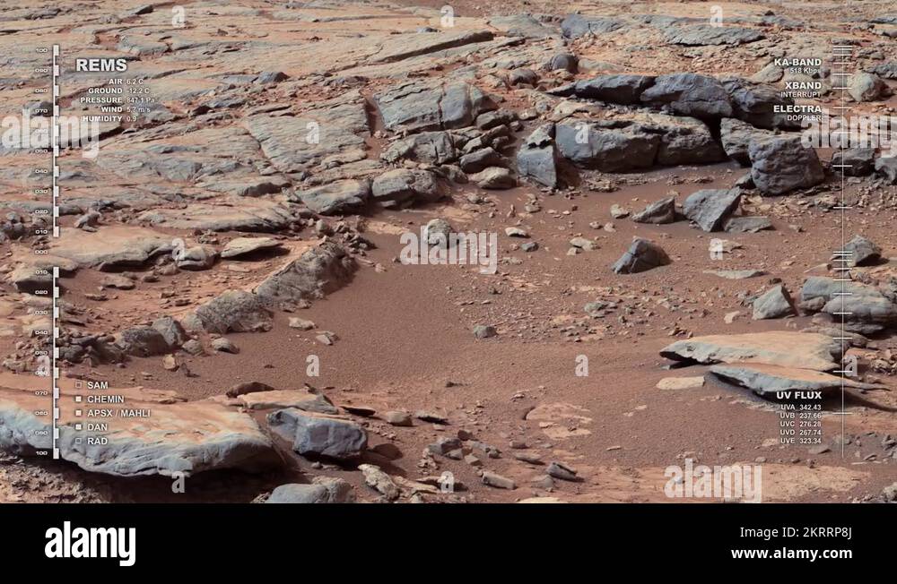 Mars surface rover scanning landscape features while panning Stock