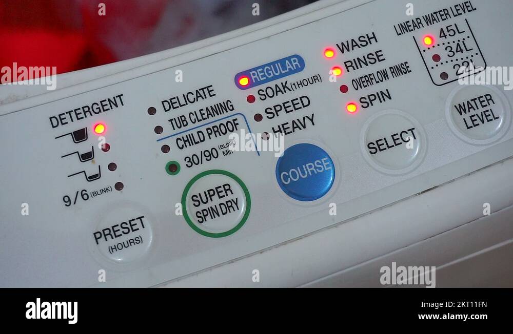 Household appliance a top loading washing machine. Button and lights