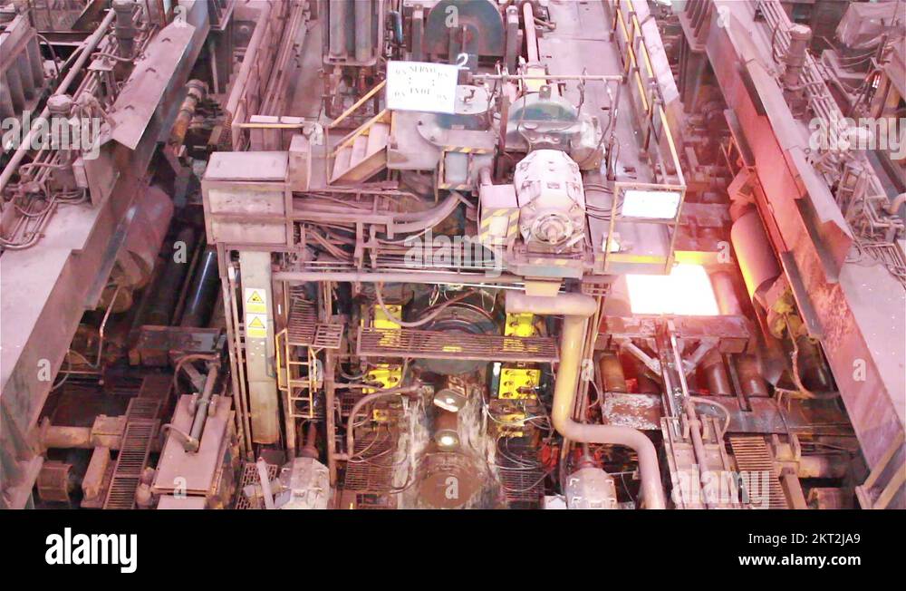 Hot slab are moving in mill, Production of steel plants that look very