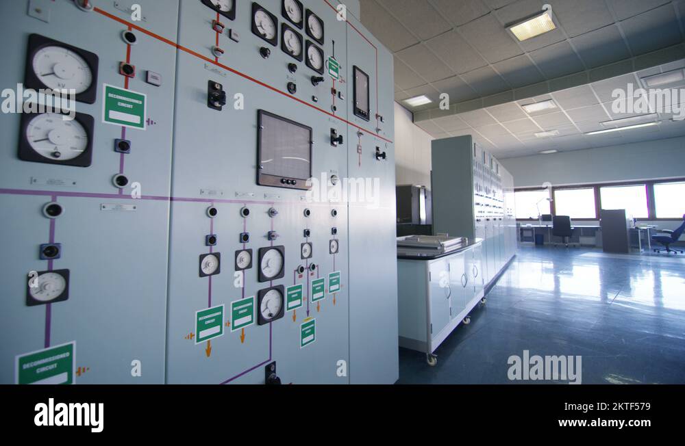 4K Interior view of system control panel in power plant control room ...