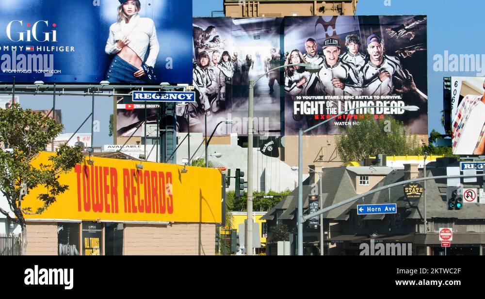 Giant billboards and Tower Records on Sunset Boulevard in Los Angeles