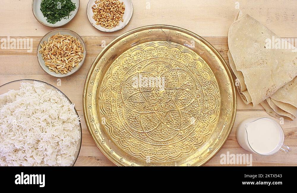 Mansaf Jordanian Lamb, Yogurt pita bread Rice Pilaf Stock Video Footage