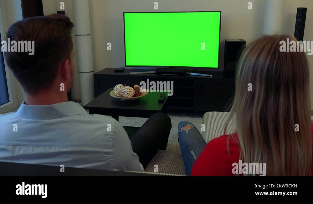 A man and a woman (the backs of their heads to the camera) watch a TV ...