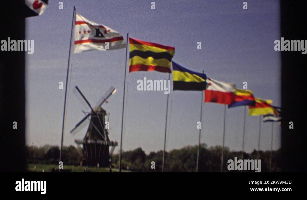 1969 all country flags around the forest HOLLAND MICHIGAN Stock Video