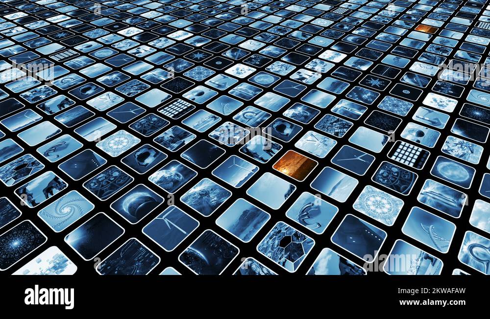 Animated video wall with many media icons blue loopable, diagonally