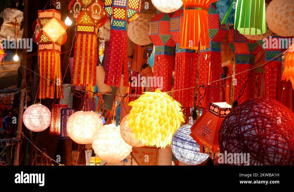 Traditional lanterns on street side shops for Diwali festival in Mumbai