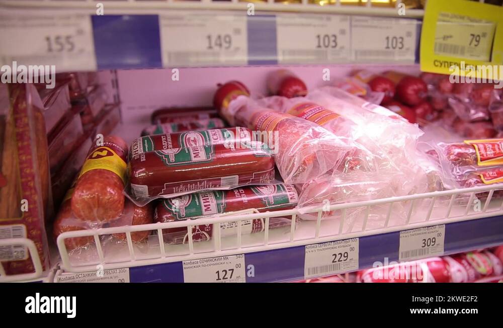 Different kinds of meat products on the display in the grocery store