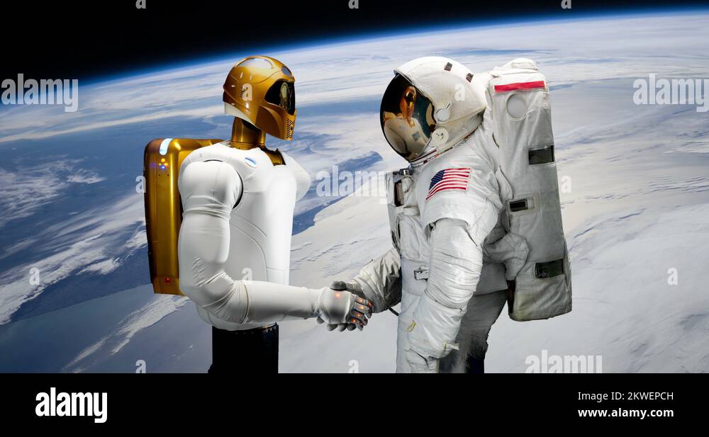 Astronaut Shaking Hands With Robotic Astronaut The Future Earth 4K ...