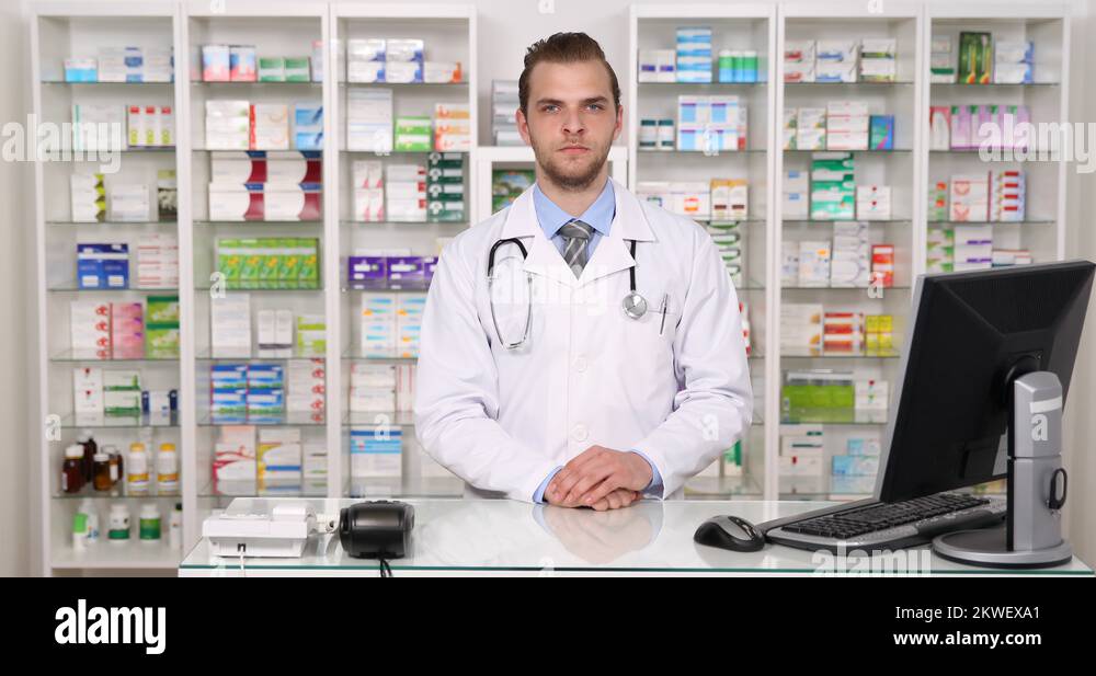 Specialist Pharmacist Man Looking Camera Pose Serious Look Pharmacy