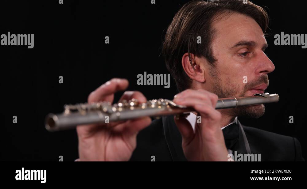 Musician Singing Flutist Play Flute Instrument Symphonic Orchestra Classic Music Stock Video