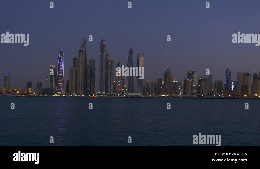 night dubai marina famous bay panorama from palm jumeirah 4k uae Stock ...