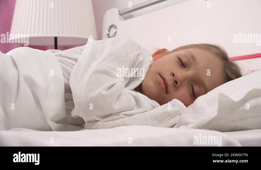 Sleeping Child Portrait in Bed, Sad Girl Face, Resting in Bedroom at